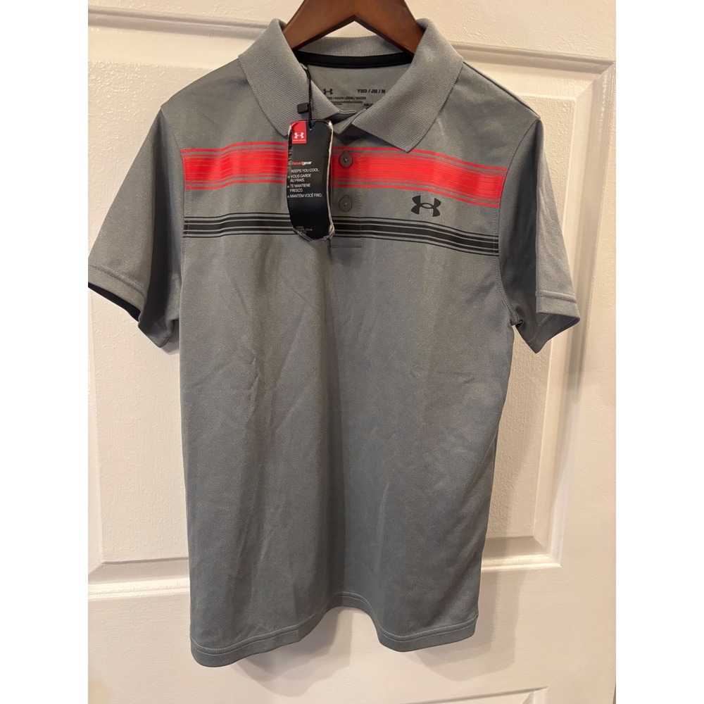 NWT Under Armour Kids Gray HeatGear Striped Performance Polo Shirt Youth Med YMD